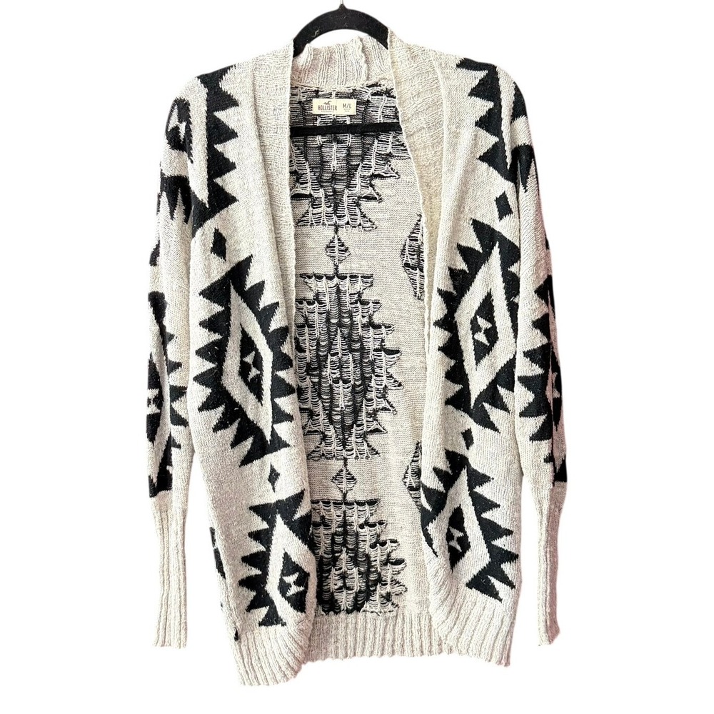 Hollister Open Cardigan Women M/L Cream Black Southwestern Aztec Knit Sweater